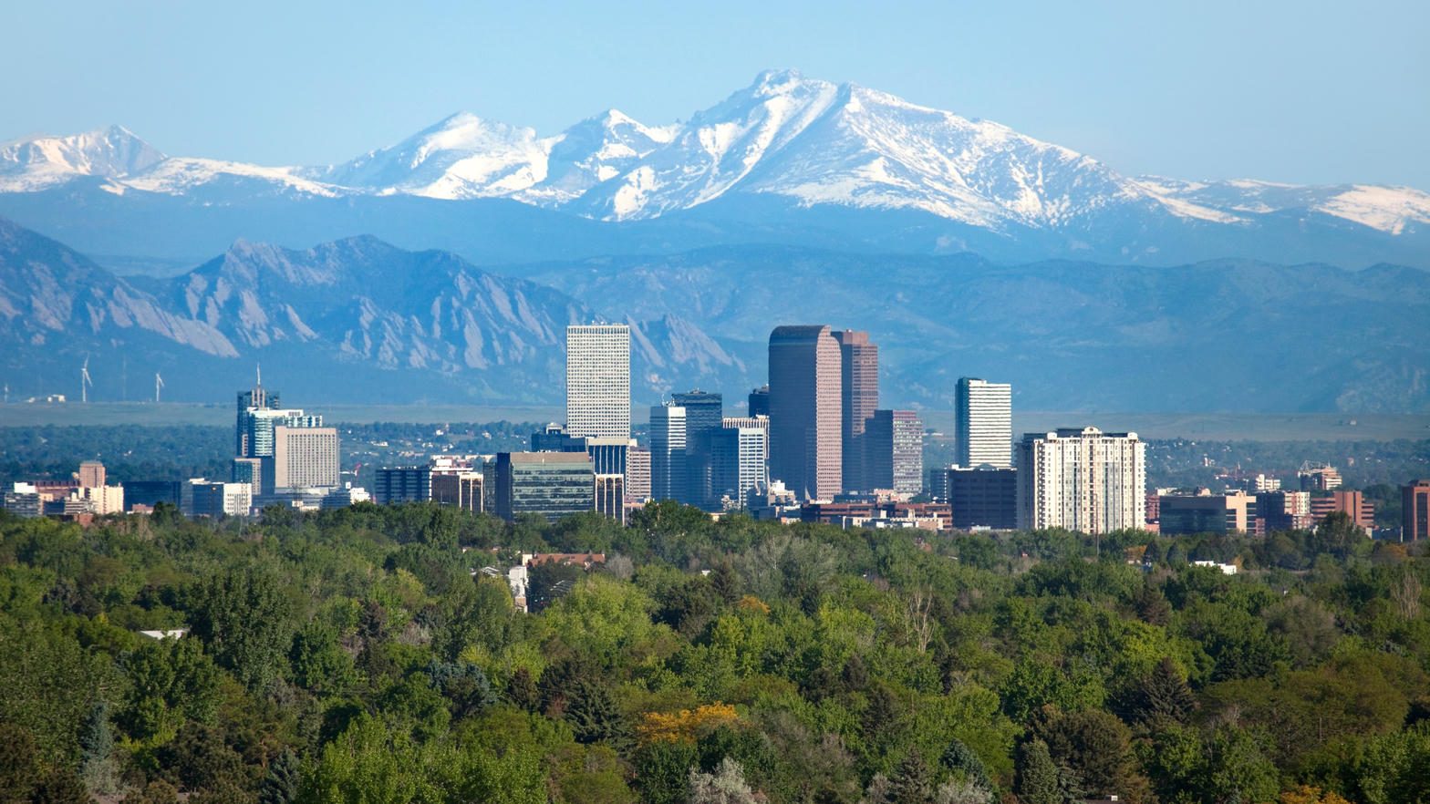 Denver skyline with the Rocky Mountains