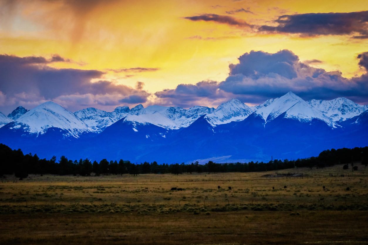 Snow-capped Front Range at sunset