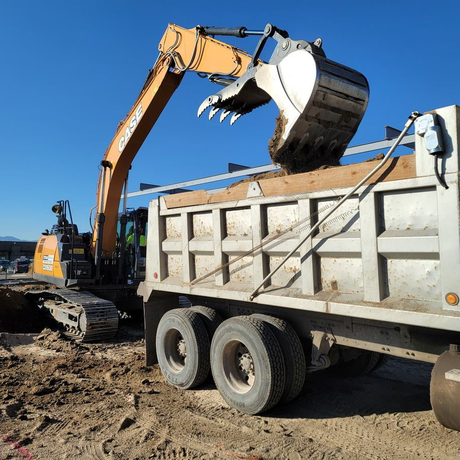 Production excavator loading an on-road dump for efficient material removal.